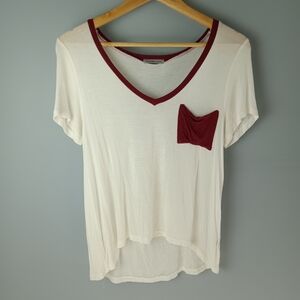 Charlotte Russe Cream V-Neck Tee with Red Accents